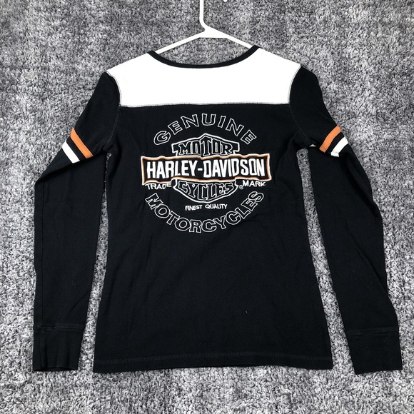 Harley-Davidson Shirt Womens Small Black White Henley Long Sleeve Biker Tee - Picture 5 of 8